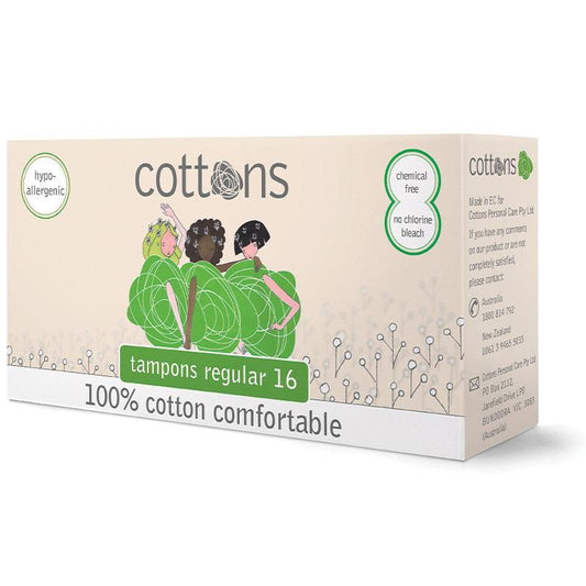 Cottons Regular Tampons, 16 Count, 100% Cotton, Comfortable Absorbency