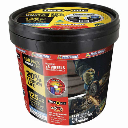 FLEXOVIT 100 Piece 125 x 1.0mm Cut-Off MEGA INOX and MAXX Discs Tub 66252850037