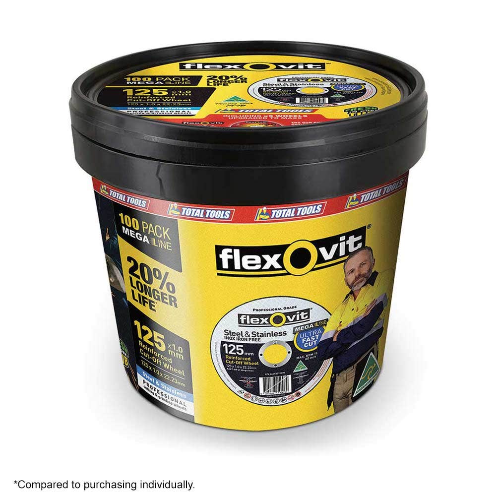 FLEXOVIT 100 Piece 125 x 1.0mm Cut-Off MEGA INOX and MAXX Discs Tub 66252850037