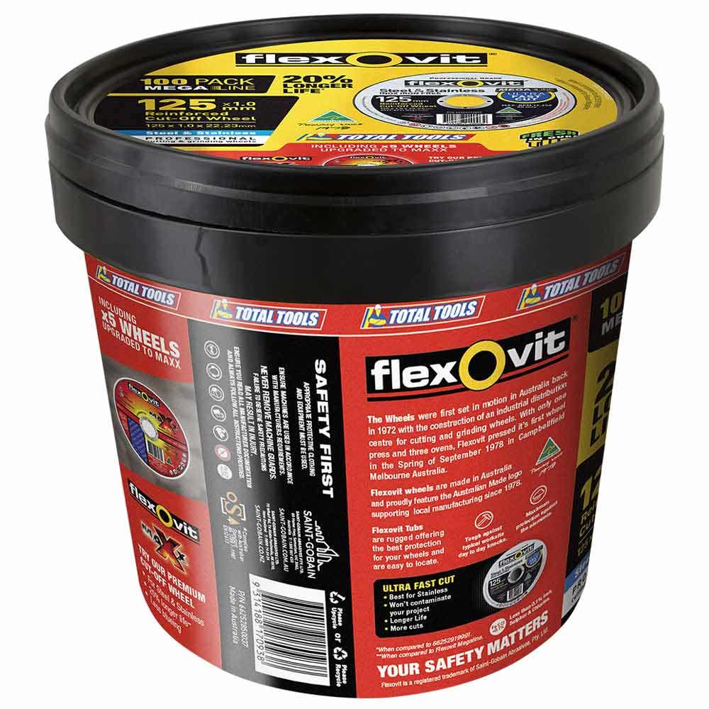FLEXOVIT 100 Piece 125 x 1.0mm Cut-Off MEGA INOX and MAXX Discs Tub 66252850037