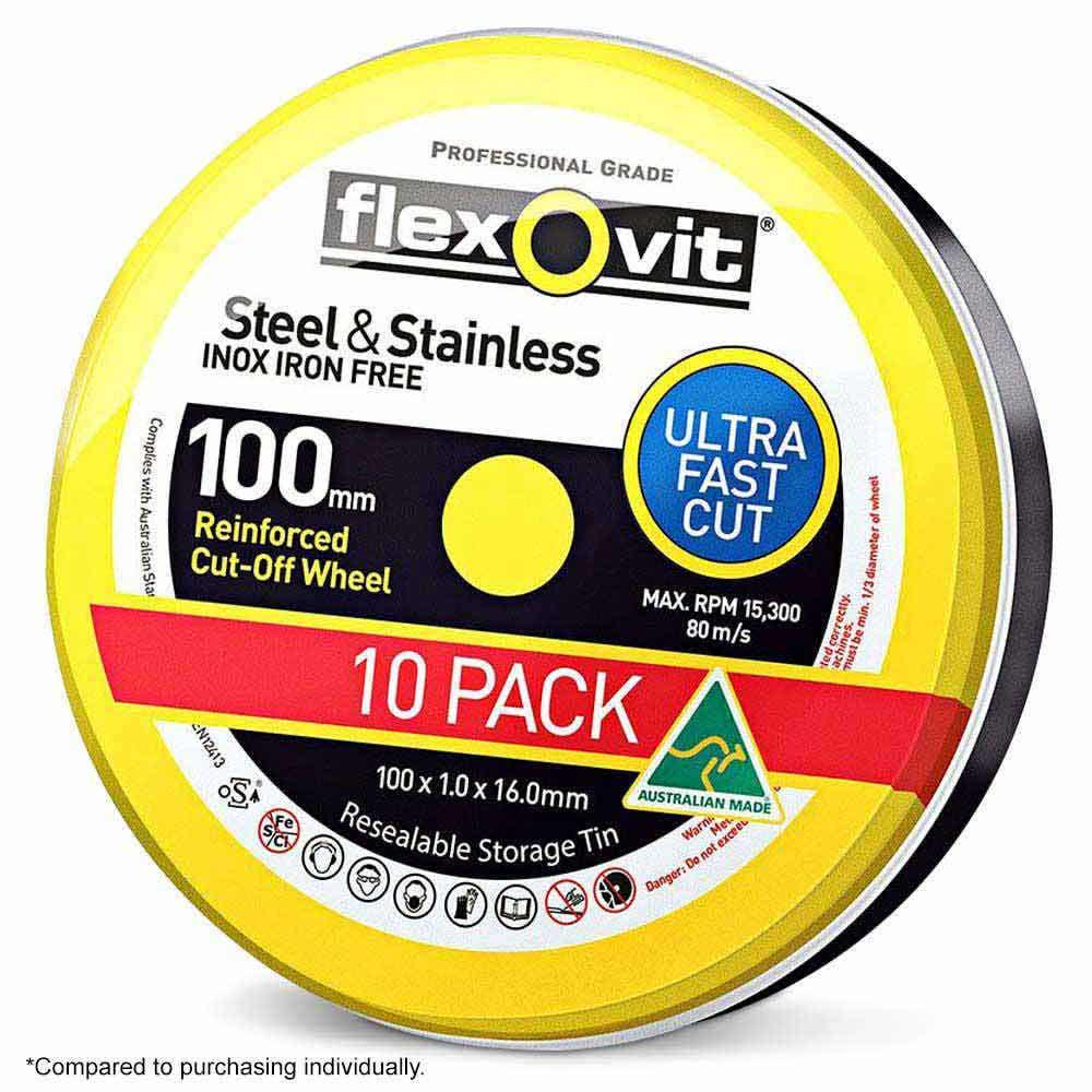 FLEXOVIT 100 x 1.0mm Steel and Stainless Cut Off Disc - MEGA INOX - 10 Piece Tin