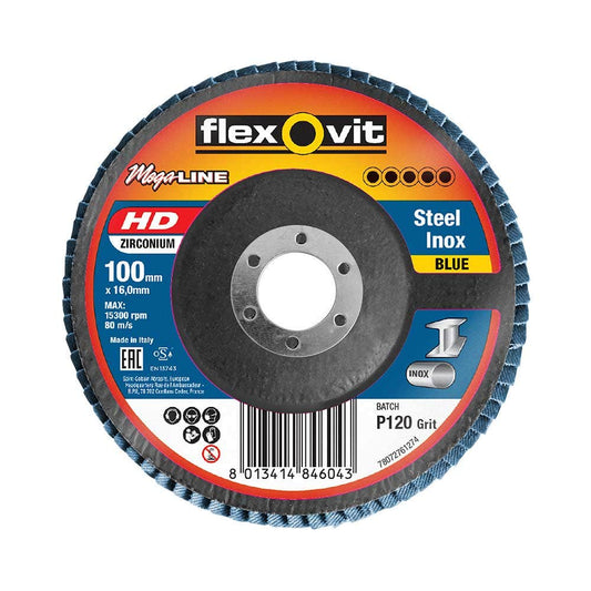FLEXOVIT 100mm 120-Grit Zirconia INOX Angled Flap Disc - MEGALINE 78072761274