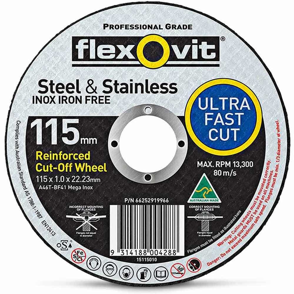 FLEXOVIT 115 x 1.0 x 22.2mm Steel and Stainless Cut Off Disc - MEGA INOX 66252919966