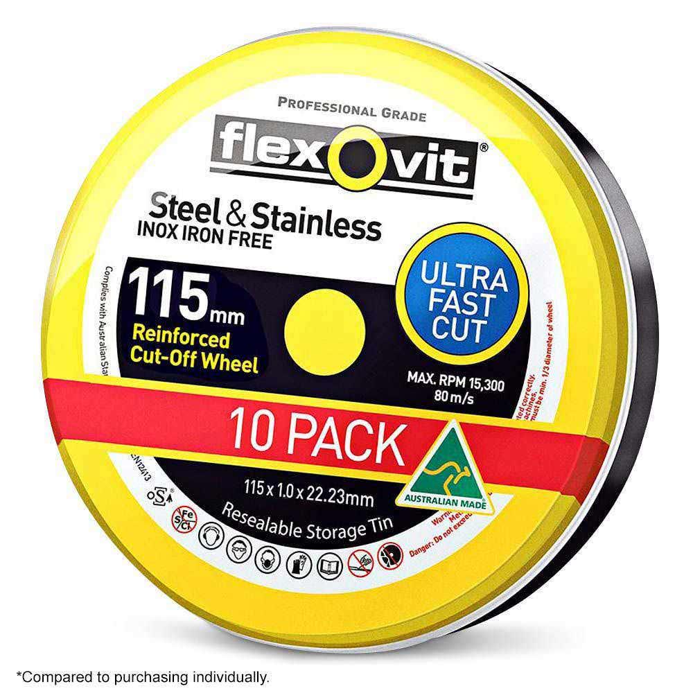FLEXOVIT 115 x 1.0mm Steel and Stainless Cut Off Disc - MEGA INOX - 10 Piece Tin