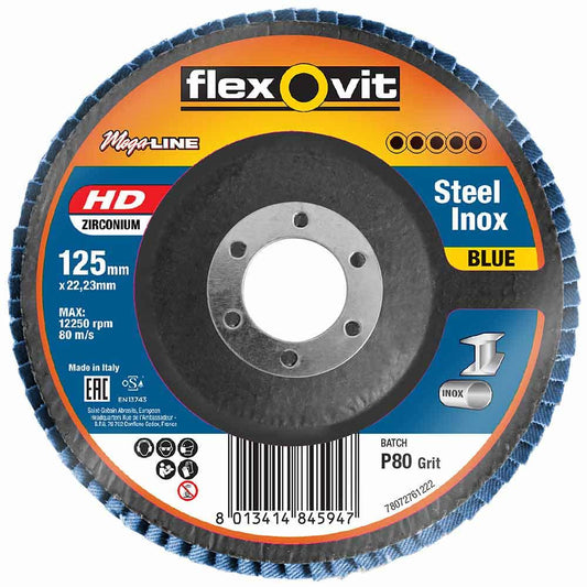 FLEXOVIT 125mm 80-Grit Zirconia INOX Angled Flap Disc - MEGALINE 78072761222