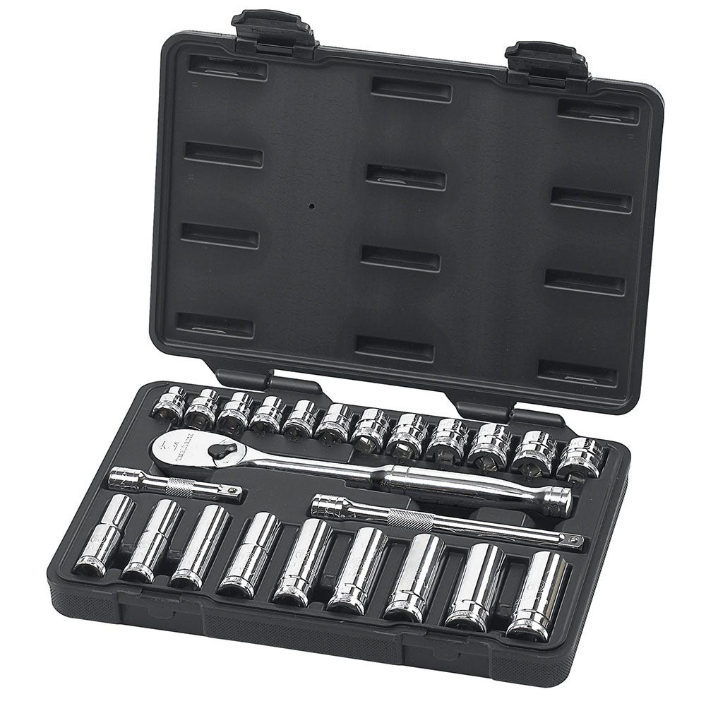 GEARWRENCH 24 pcs 3 8inch Drive 6 and 12 Point Metric Standard and Deep Mechanics Tool Set 80559
