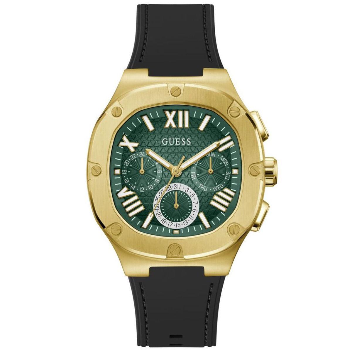GUESS Headline Green Dial Black Silicone Strap Multifunction Men's Watch GW0571G3