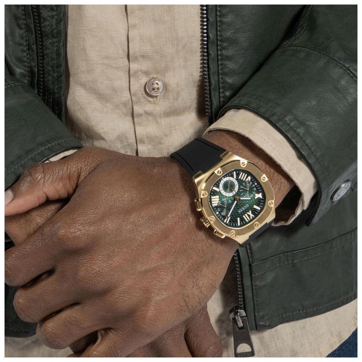 GUESS Headline Green Dial Black Silicone Strap Multifunction Men's Watch GW0571G3