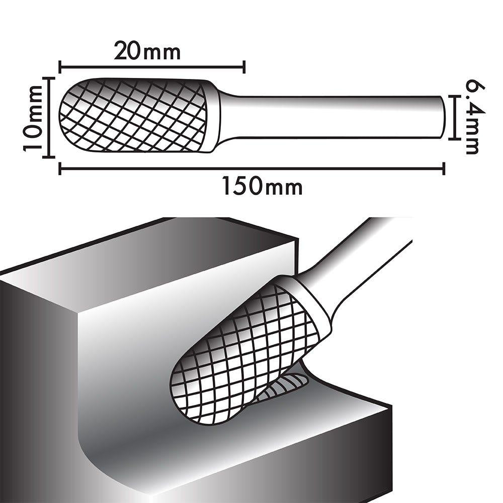 JOSCO 10 x 20mm 1 4inch Shank Ball-Nosed Cylinder Diamond Cut Carbide Burr XL