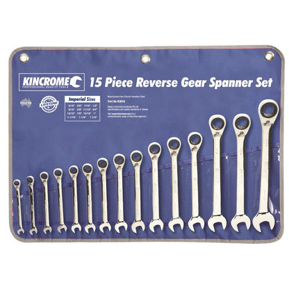 KINCROME 15 Piece Combination Gear Spanner Set - Imperial Reversible K3016