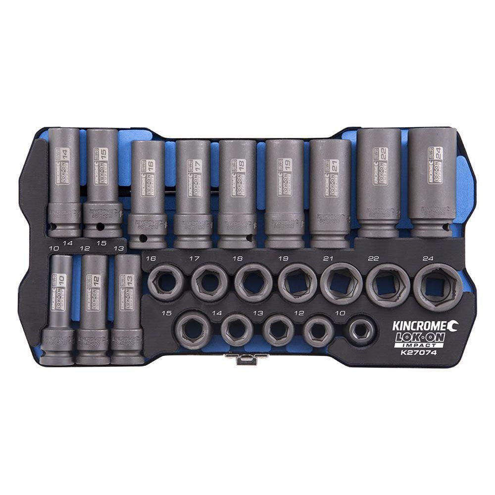 KINCROME LOK-ON Impact 1 2 Drive Socket Set Deep Standard Metric 12 Piece K27074