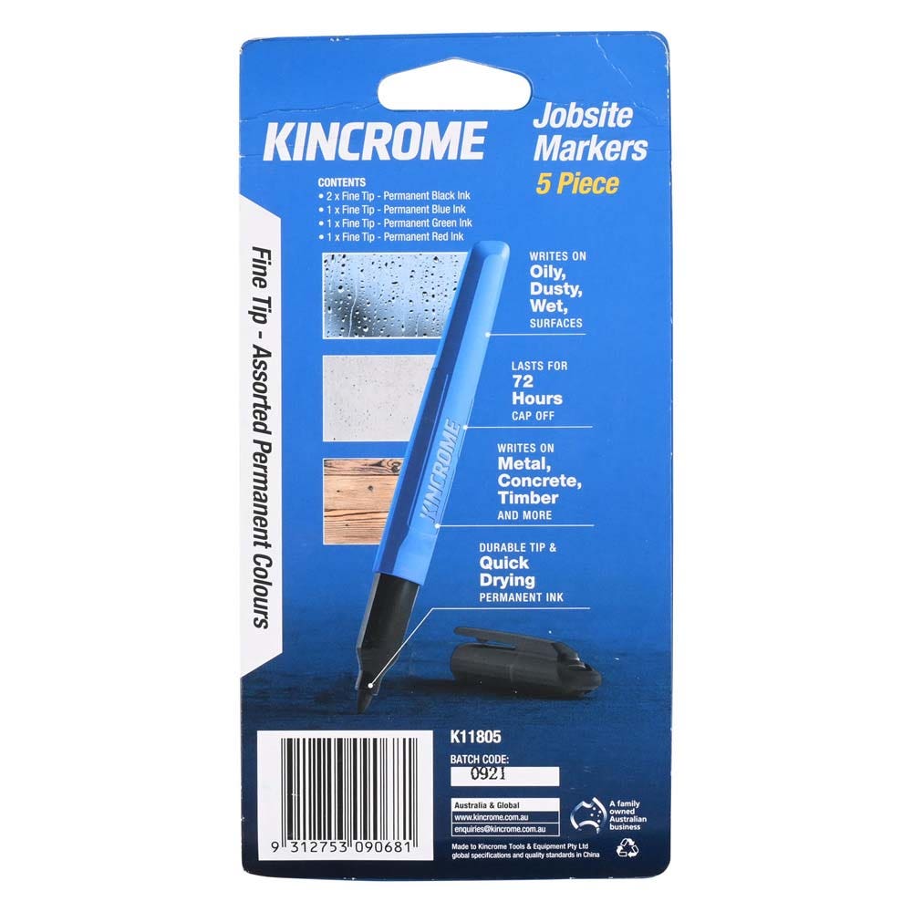 KINCROME Permanent Fine Tip Marker Assorted Colours 5 Pack K11805