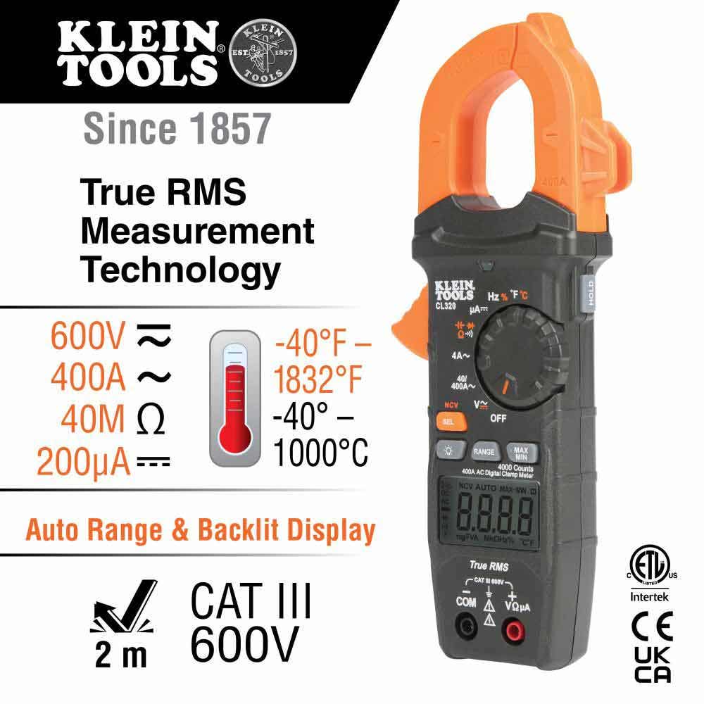 KLEIN HVAC Digital Clamp Meter AC Auto-Ranging 400 Amp A-CL320