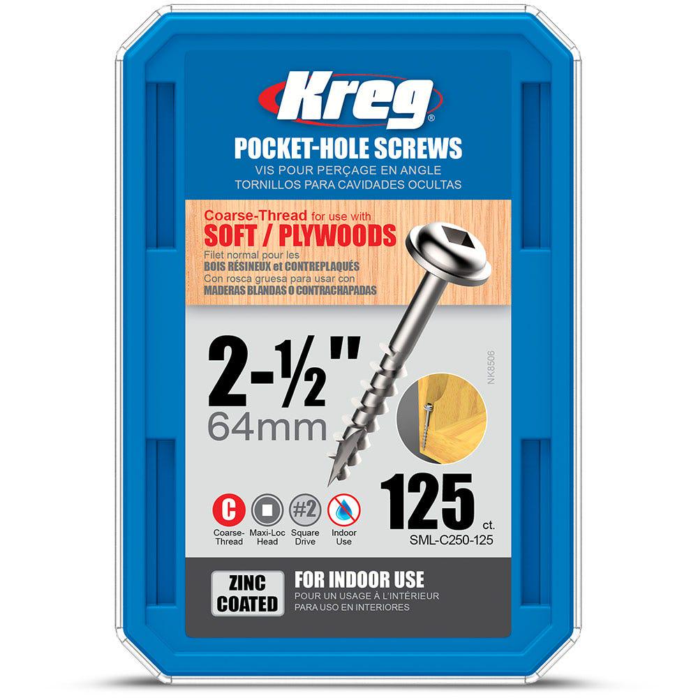 KREG 64mm Coarse Thread Maxi-Loc Zinc Pocket Hole Screws - 125 Piece KR-SMLC250-125