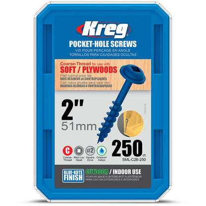 KREG Pocket Hole Screws Coarse-Thread Zinc 51mm - 250 Piece KR-SMLC2B-250
