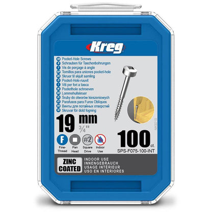 KREG Pocket Hole Screws Fine Pan Head Zinc 19mm - 100 Piece KR-SPSF075-100