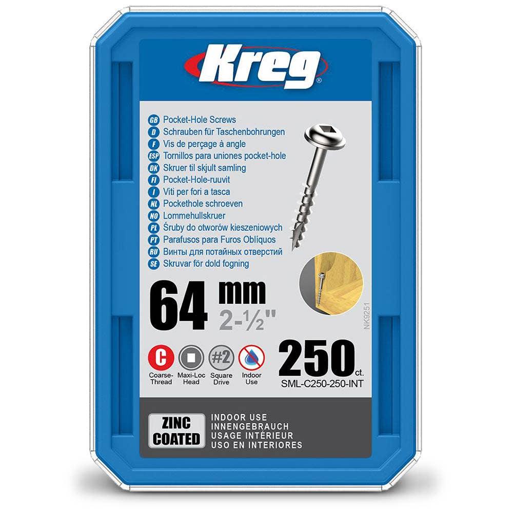 KREG Pocket Hole Screws Coarse Zinc 64mm - 250 Piece KR-SMLC250-250
