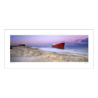 Ken Duncan Pasha Bulka Stranded Nobbys Beach NSW White Framed Print 51.9 x 101.2cm