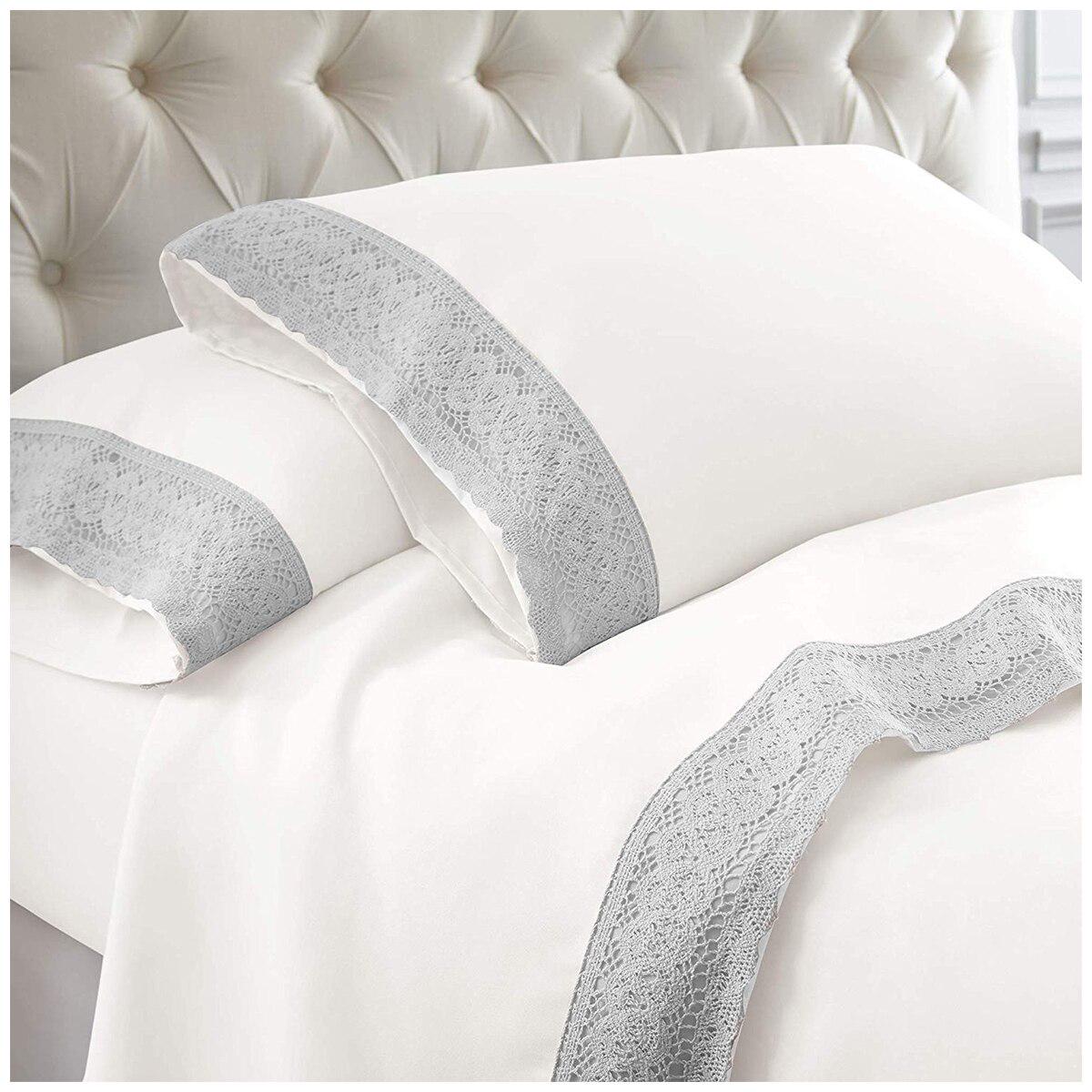 Kingtex 1500 Thread Count Crochet Lace Microfibre Sheet Set Queen Charcoal/Charcoal