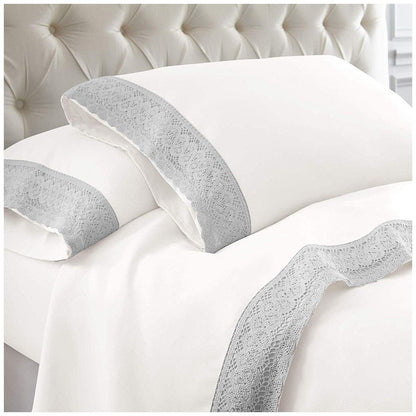 Kingtex 1500 Thread Count Crochet Lace Microfibre Sheet Set Queen Charcoal/Charcoal