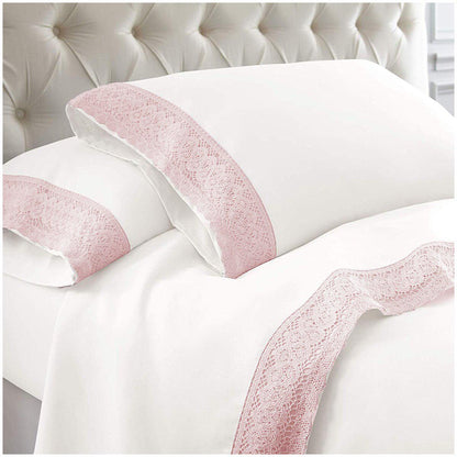 Kingtex 1500 Thread Count Crochet Lace Microfibre Sheet Set Single Rose Pink/ Rose Pink