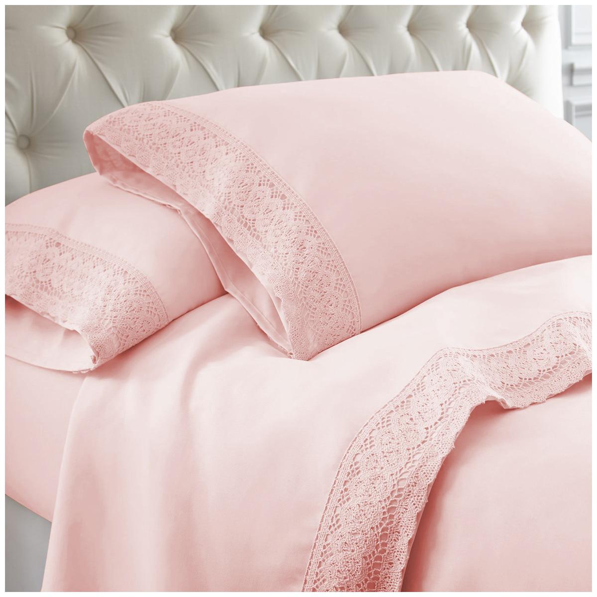 Kingtex 1500 Thread Count Crochet Lace Microfibre Sheet Set Single Rose Pink/ Rose Pink