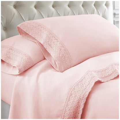 Kingtex 1500 Thread Count Crochet Lace Microfibre Sheet Set Single Rose Pink/ Rose Pink
