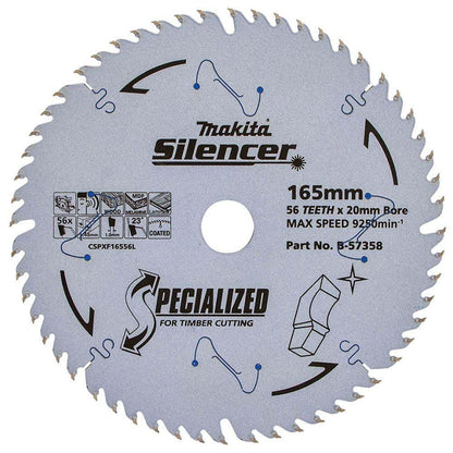 MAKITA 165mm 56T TCT Circular Saw Blade for Wood and Melamine Cutting - Plunge Saws - SPECIALIZED SILENCER