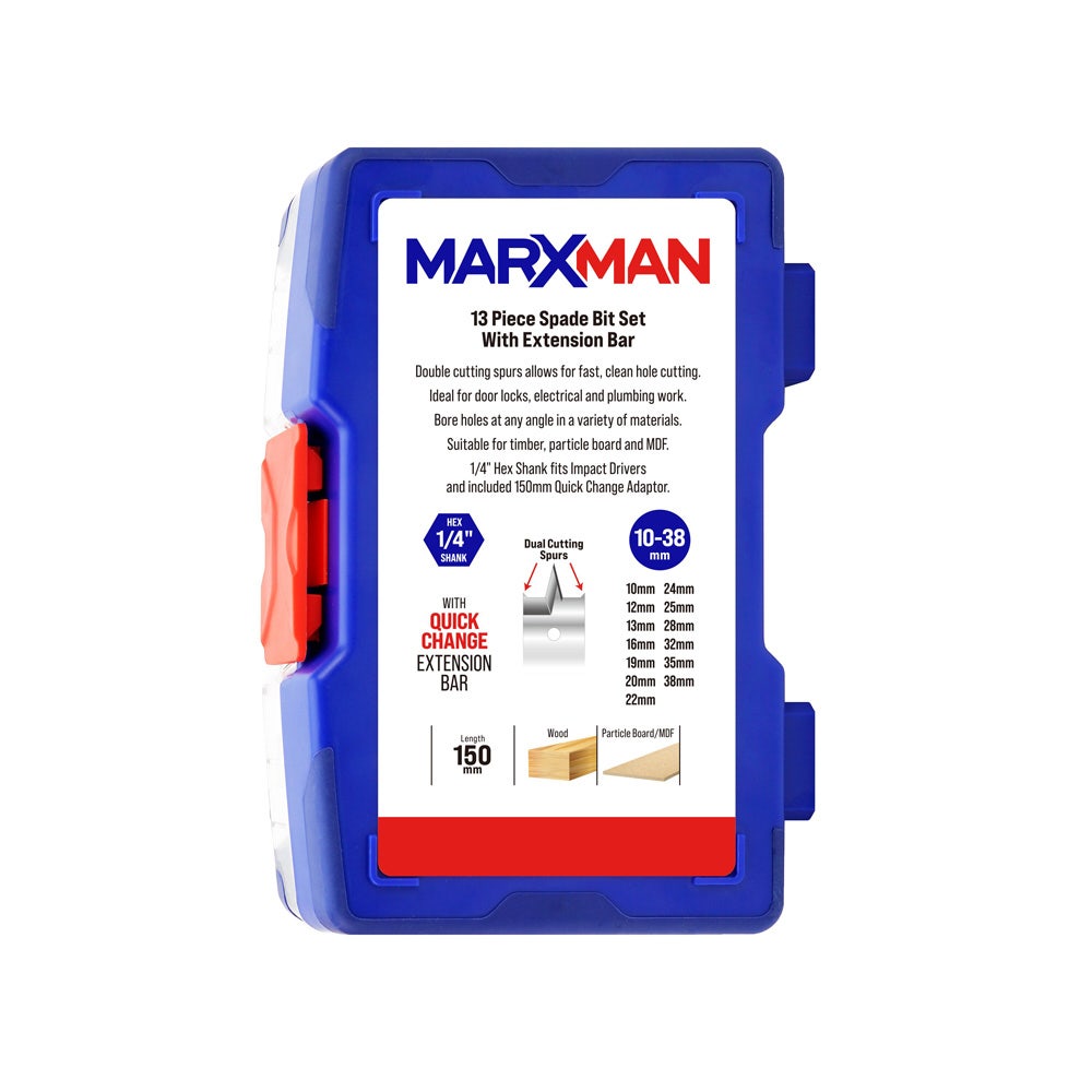 MARXMAN 10-38mm Spade Wood Drill Bit Set w Extension Bar - 13 Piece MSBS13PC