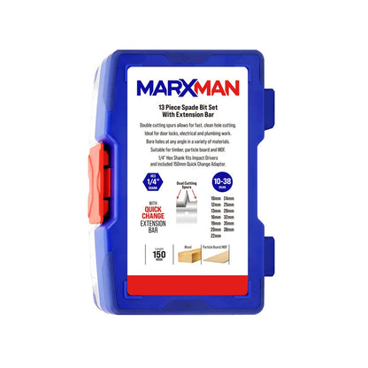 MARXMAN 10-38mm Spade Wood Drill Bit Set w Extension Bar - 13 Piece MSBS13PC