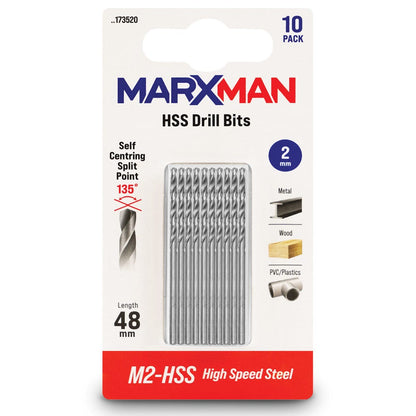 MARXMAN 2.0x48mm HSS Metal Jobber Drill Bit - 10 Piece MHSS2MM10PC