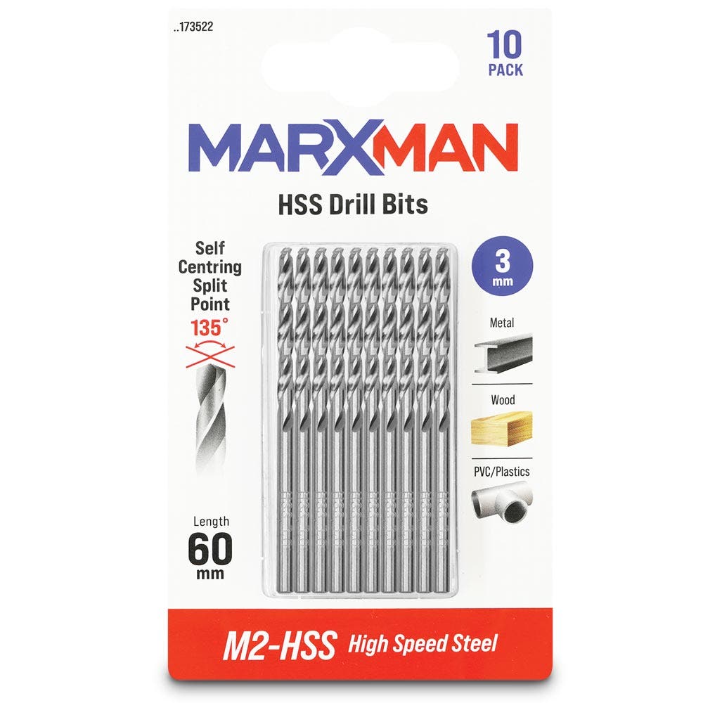 MARXMAN 3.0x60mm HSS Metal Jobber Drill Bit - 10 Piece MHSS3MM10PC