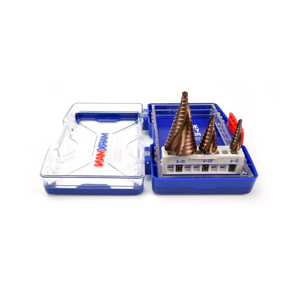 MARXMAN 4-12 4-20 6-35mm HSS COBALT Spiral Flute Step Drill Set - 3 Piece MSDSPCOSET3PC