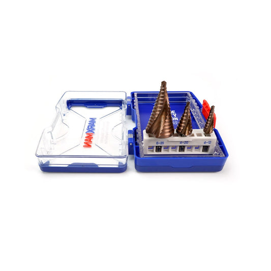 MARXMAN 4-12 4-20 6-35mm HSS COBALT Spiral Flute Step Drill Set - 3 Piece MSDSPCOSET3PC