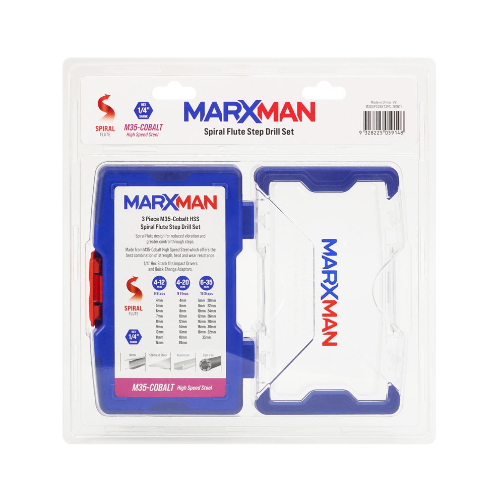 MARXMAN 4-12 4-20 6-35mm HSS COBALT Spiral Flute Step Drill Set - 3 Piece MSDSPCOSET3PC