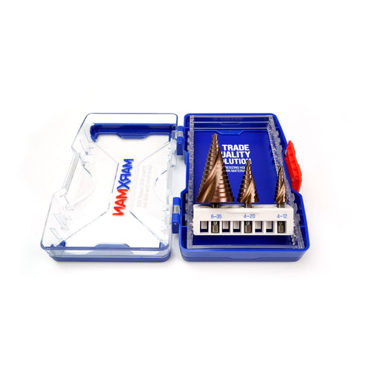 MARXMAN 4-12 4-20 6-35mm HSS COBALT Spiral Flute Step Drill Set - 3 Piece MSDSPCOSET3PC