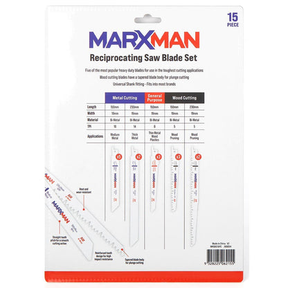 MARXMAN Reciprocating Saw Blade Set For Wood and Metal Cutting 15 Piece MRSBS15PC