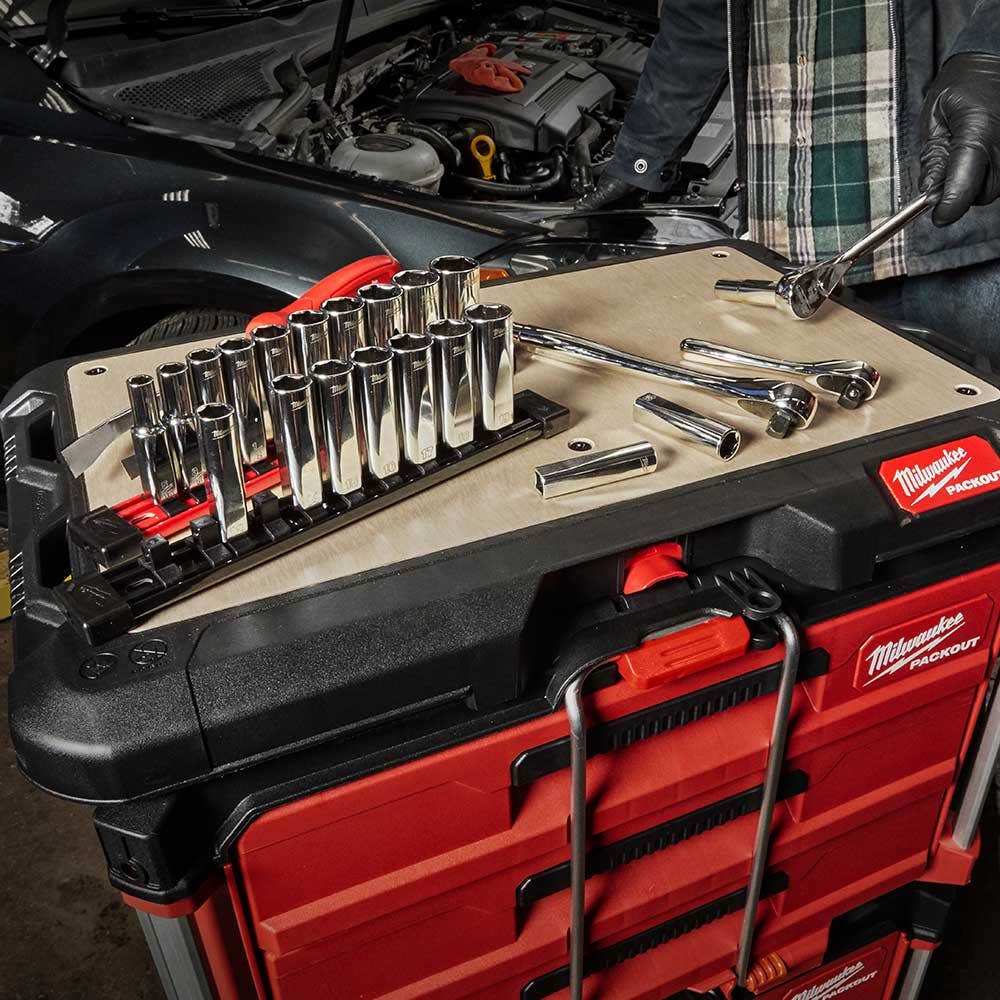 MILWAUKEE 10 Piece 3/8 Inch Drive Deep SAE Socket Set with Storage Rail 48229405
