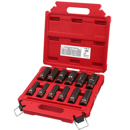 MILWAUKEE 12 Piece 1/2inch Drive 6 Point Shockwave SAE Deep Impact Socket Set 49667011
