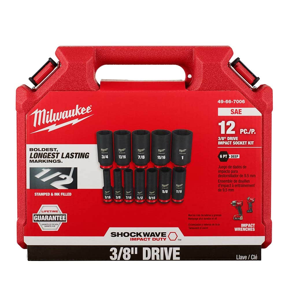 MILWAUKEE 12 Piece 3 8inch Drive 6 Point Shockwave SAE Deep Impact Socket Set 49667006