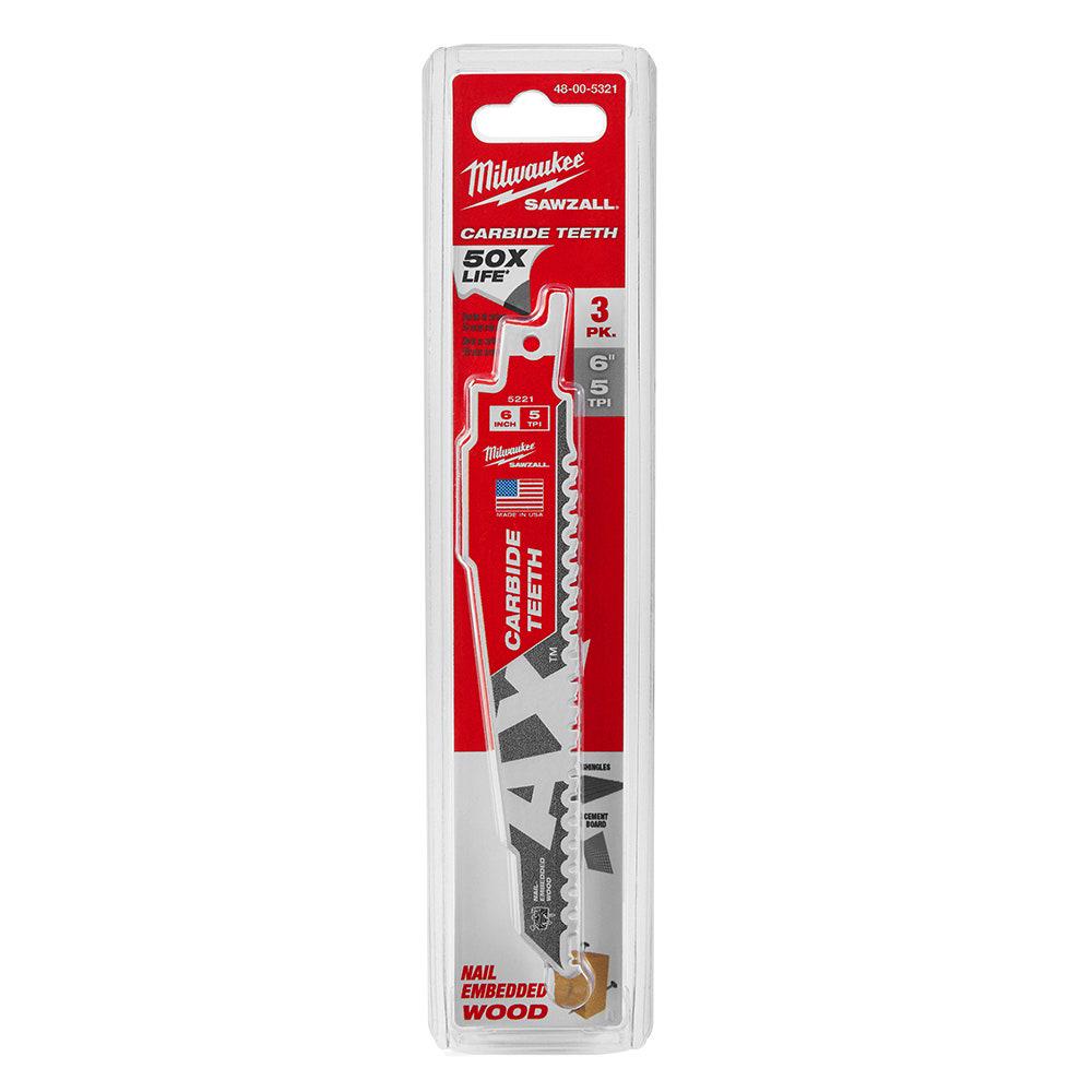 MILWAUKEE 150mm 5TPI TCT Reciprocating Saw Blade for Wood Nail Demoltion - THE AX - 3 Piece 48005321