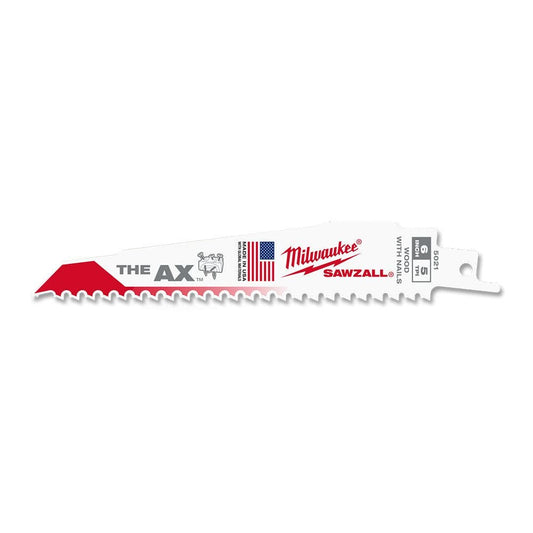 MILWAUKEE 150mm 5TPI Bi-Metal Reciprocating Saw Blade for Wood Nail Demolition - THE AX - 25 Piece 48008021