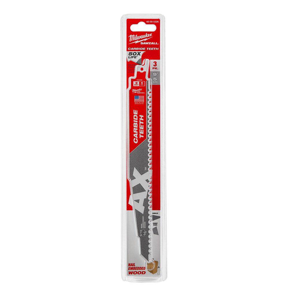 MILWAUKEE 230mm 5TPI TCT Reciprocating Saw Blade for Wood Nail Demoltion - THE AX - 3 Piece 48005326