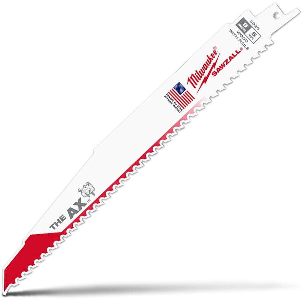 MILWAUKEE 230mm 5TPI Bi-Metal Reciprocating Saw Blade for Wood Nail Demolition - THE AX - 5 Piece 48005026
