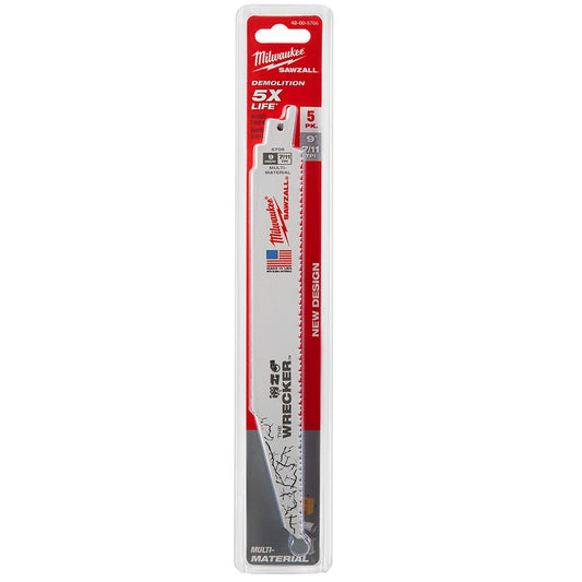 MILWAUKEE 230mm 7 11TPI Bi-Metal Reciprocating Saw Blade for Wood and Metal Demolition - THE WRECKER - 5 Piece 48005706
