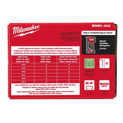 MILWAUKEE 25mm Insulated Cable Staples - 600 Pack MNM1600