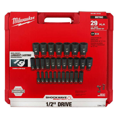 MILWAUKEE 29 Piece 1 2inch Drive 6 Point Shockwave Metric Deep Impact Socket Set 49667015