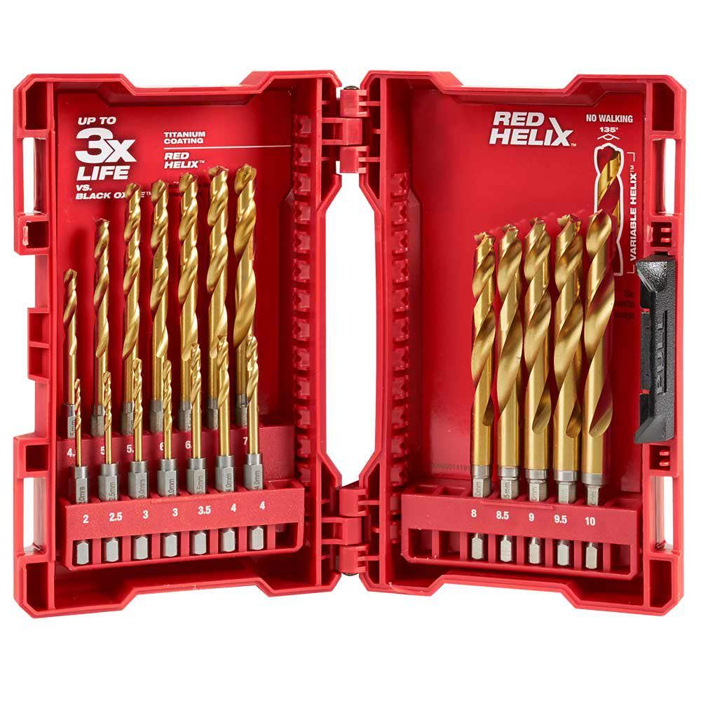 MILWAUKEE 2-10mm Metric 1 4-Hex Quick-Change HSS-TiN Jobber Drill Bit Set - RED-HELIX - 19 Piece 48894860