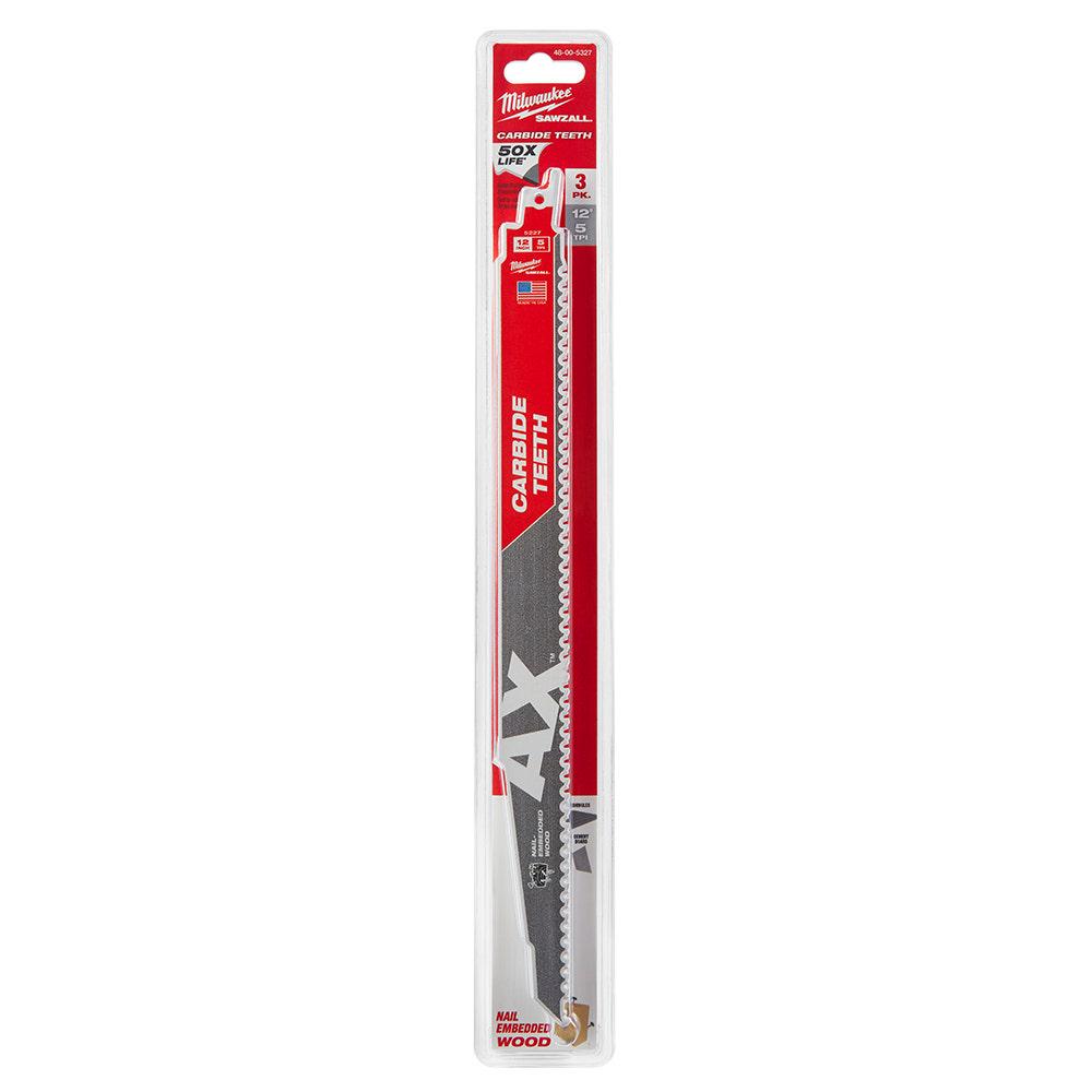 MILWAUKEE 300mm 5TPI TCT Reciprocating Saw Blade for Wood Nail Demoltion - THE AX - 3 Piece 48005327