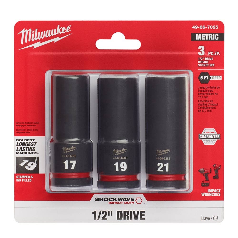 MILWAUKEE 3 Piece 1/2inch Drive 6 Point Shockwave Metric Deep Impact Socket Set 49667025